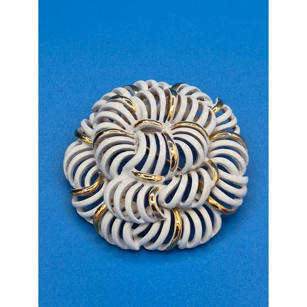 Vintage Monet Swirl Brooch White Gold Tone Enamel Layered Round Pin Accessory